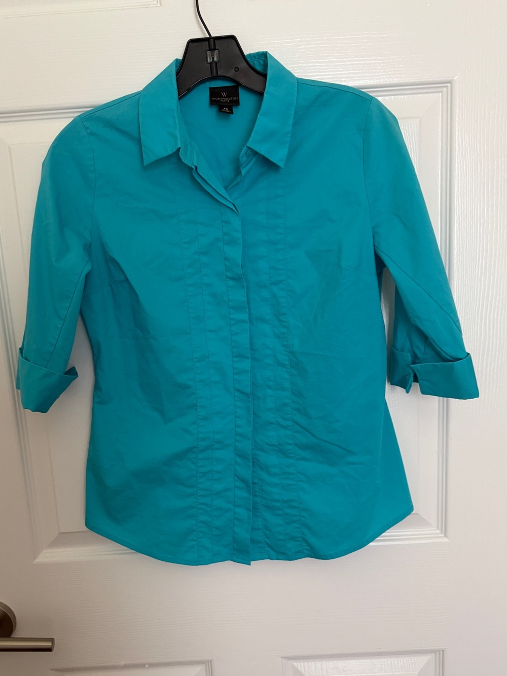 Worthington Petite Women’s PS Turquoise Stretch Cotton Button Down Shirt